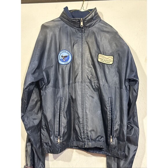 LL Bean Men L Windbreaker Jacket Hood Zip Pockets Blue Vent Back Vintage Patches - Picture 2 of 8